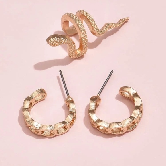 3 PIECE CHAIN LINK HOOP EARRINGS WITH SNAKE CUFF - Picture 2 of 5